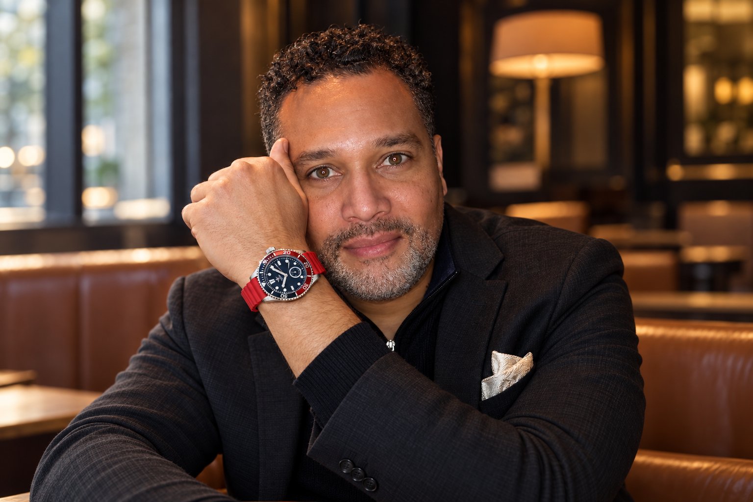 Nick showing a red-strap wristwatch in a restaurant booth