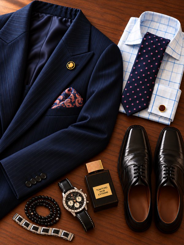 Flat lay of a navy suit, shirt, tie, watch, cologne and shoes